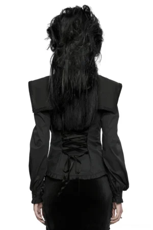 Back view of gothic black blouse with corset-style lace-up and long ruffled sleeves