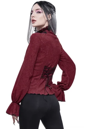 Gothic wine red blouse with corset lace-up back design and flared ruffled cuffs, back three-quarter view on model