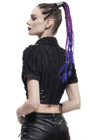 Side back view of black gothic lace-up blouse showing exposed midriff and corset-style waist ties