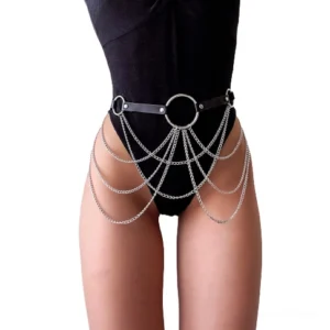 Black leather body chain harness worn by female model in front view showing adjustable waist fit and layered silver chain details