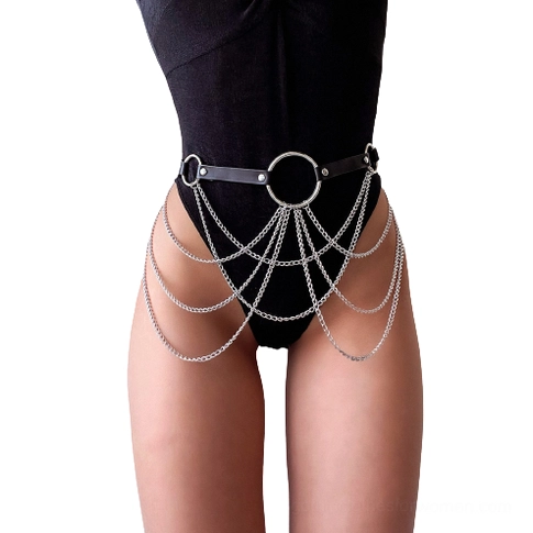 Black leather body chain harness worn by female model in front view showing adjustable waist fit and layered silver chain details