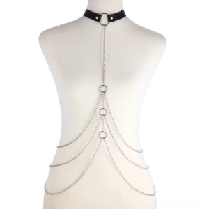 Full length gothic body harness jewelry displayed on female mannequin featuring black leather choker and layered silver metal chains