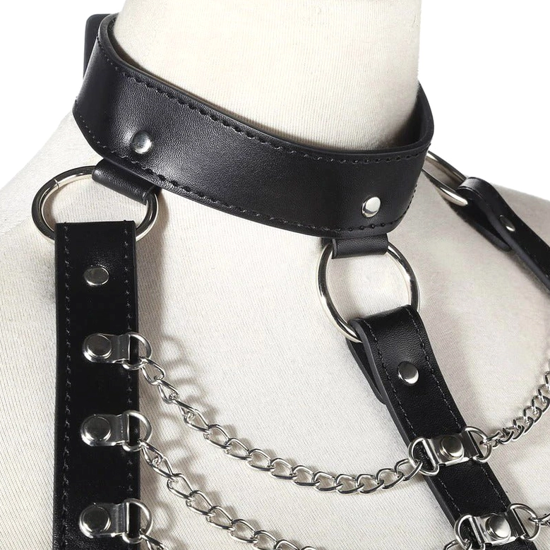 Comprehensive view of gothic body harness demonstrating all adjustable components and chain layering
