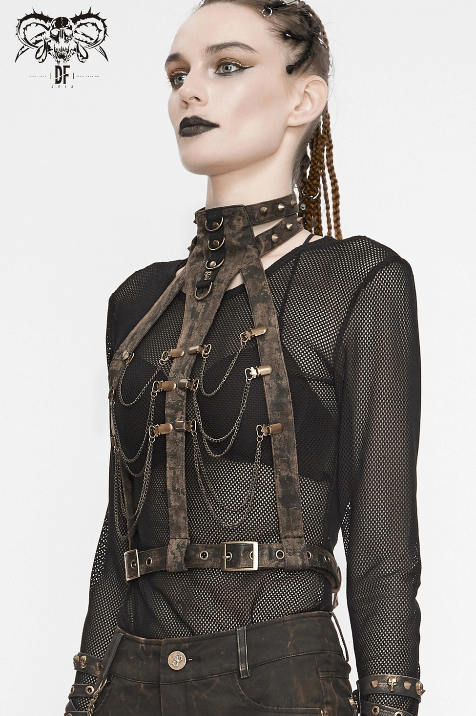 Brown gothic leather harness with metal chains, showing adjustable fit and punk-inspired design details