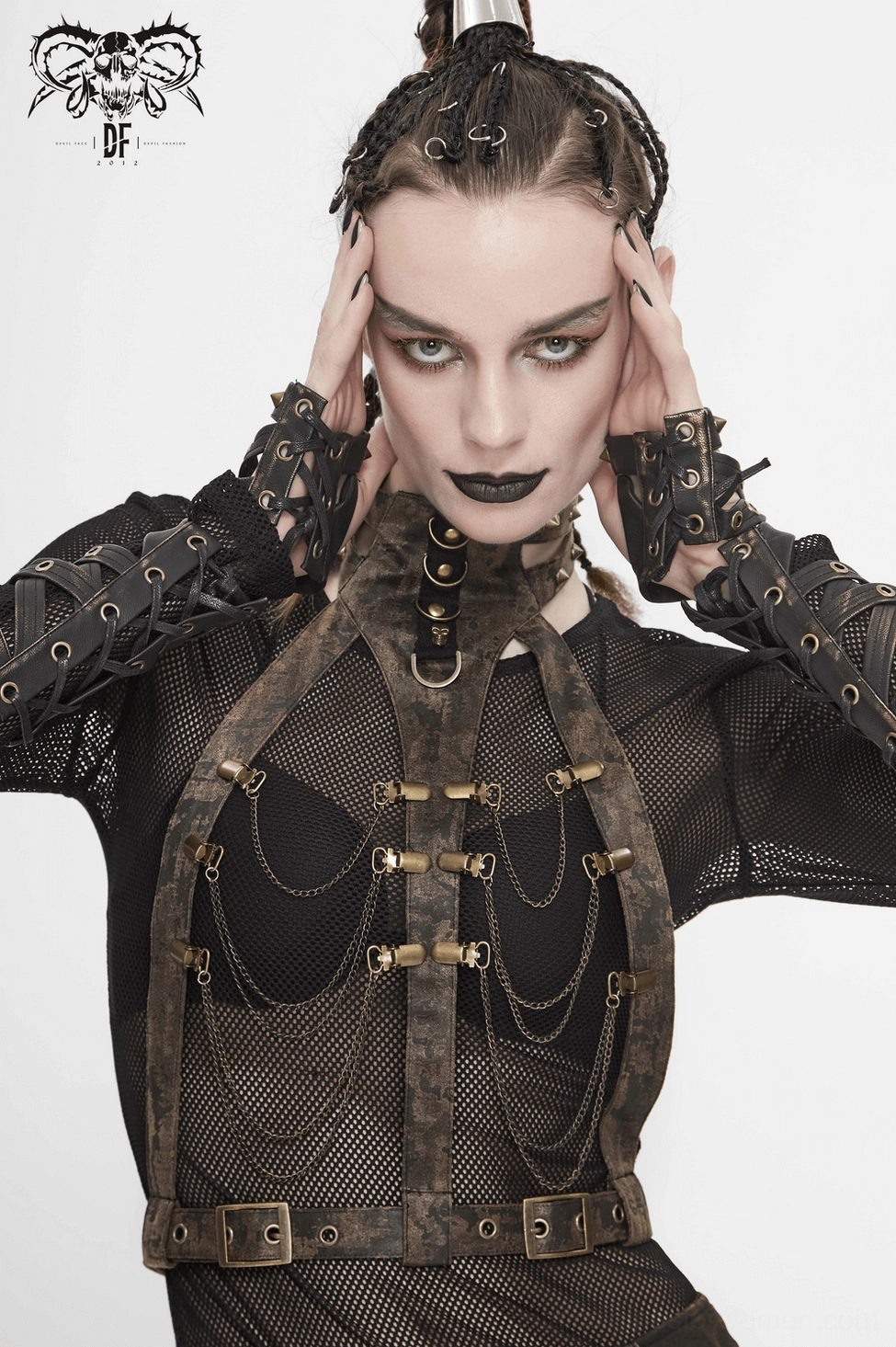 Gothic body harness fashion styling with alternative aesthetic, distressed leather and chain embellishments