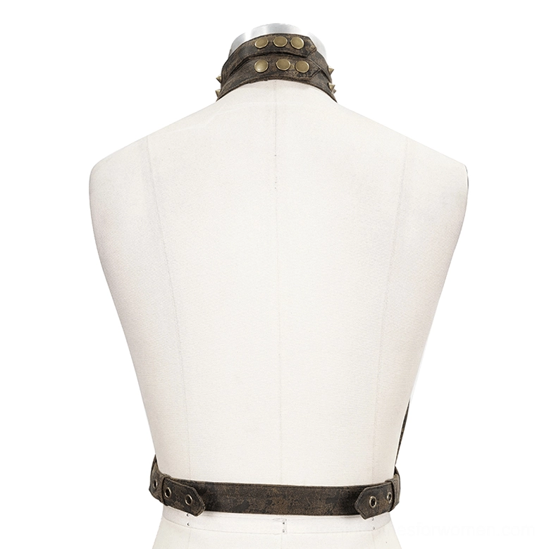 Gothic body harness rear view on mannequin, showing simple back design and vintage dark brown leather
