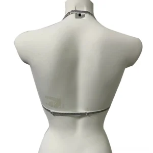 Back view of adjustable gothic harness bra showing neck buckle strap and rear waist band closure