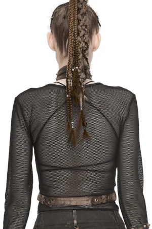 Gothic body harness rear view on model with braided hair, showing high neck waist strap and chain details