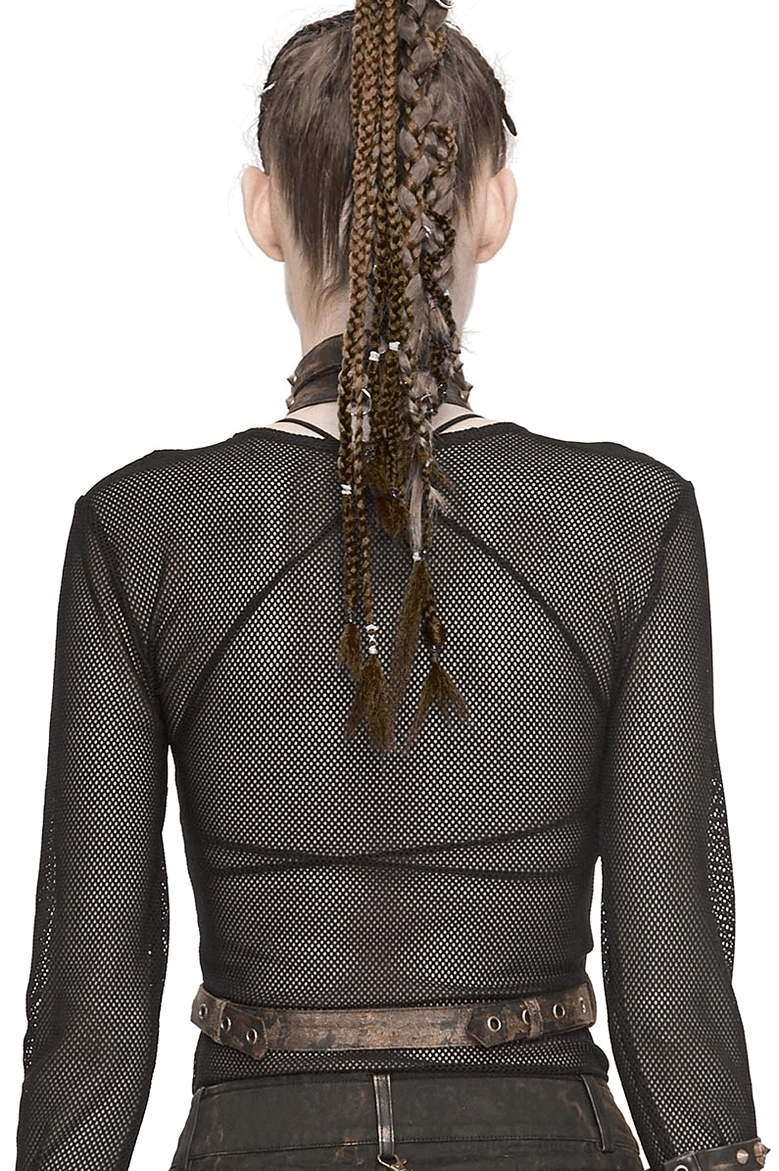 Gothic body harness rear view on model with braided hair, showing high neck waist strap and chain details