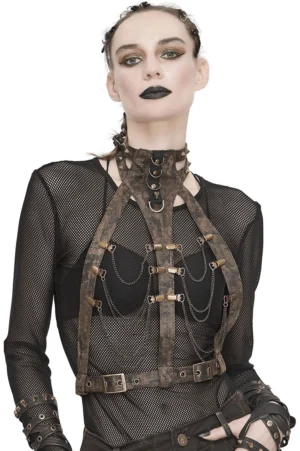 Brown gothic leather body harness with metal chains worn on female model, front view with bronze hardware details