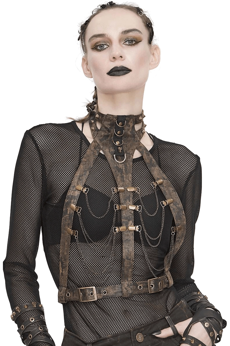 Brown gothic leather body harness with metal chains worn on female model, front view with bronze hardware details
