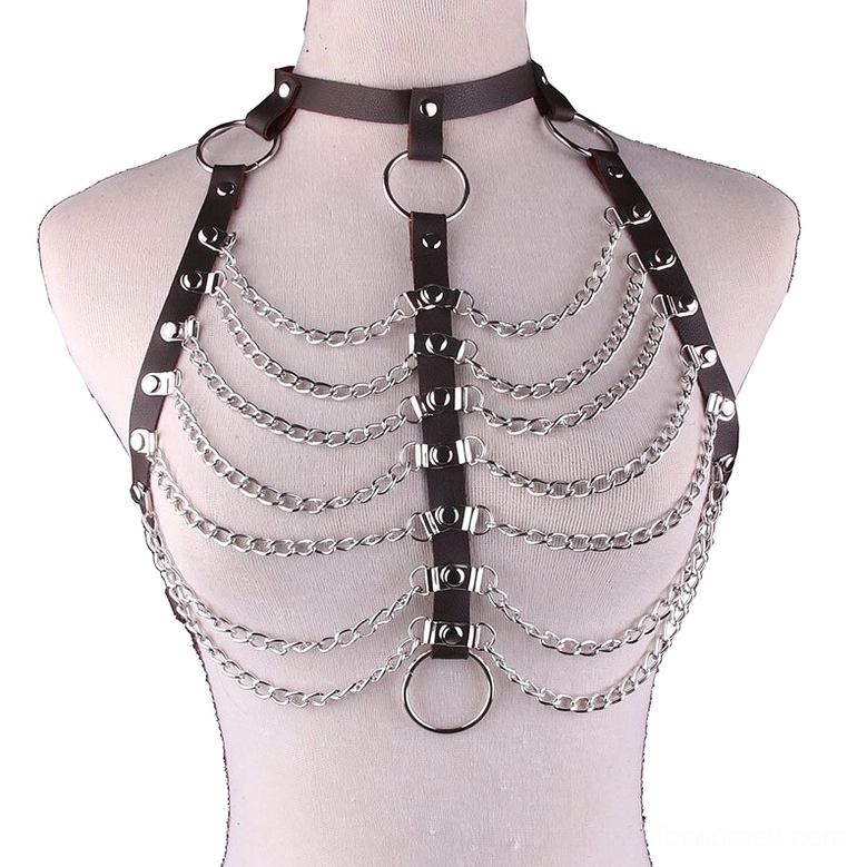 Coffee brown PU leather body chain harness with layered silver chains and geometric cutouts