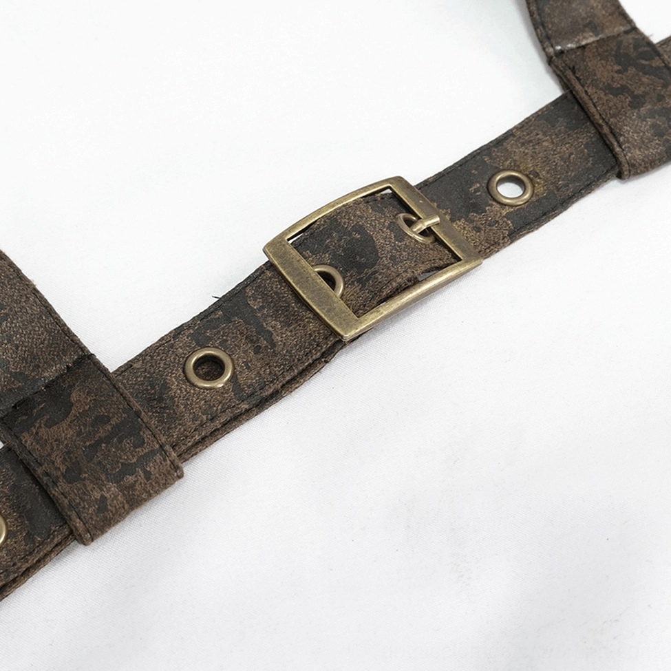 Brown leather gothic body harness complete view with multi-layer chain system and adjustable bronze buckles