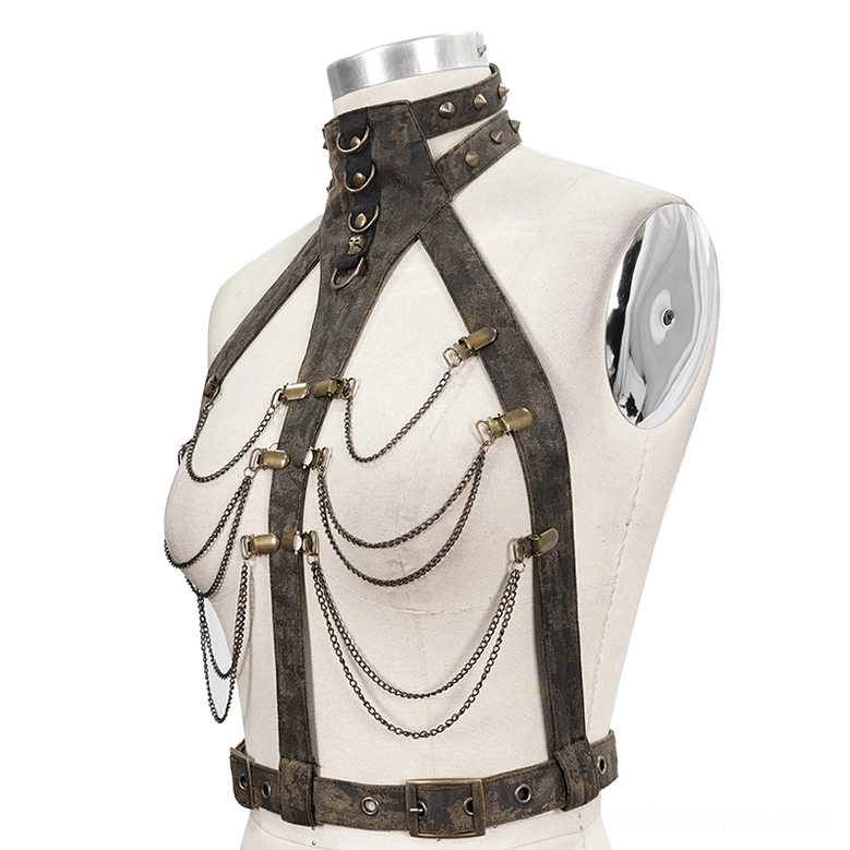 Distressed brown leather gothic body harness with bronze hardware on mirror dress form, architectural strap design