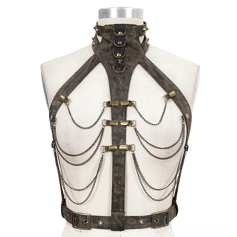 Brown leather gothic harness on dress form mannequin, front view with layered metal chains and bronze fittings