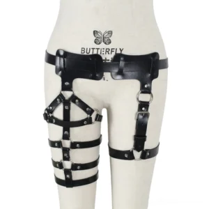 Gothic garter harness front view on mannequin displaying metal D-rings and professional hardware construction