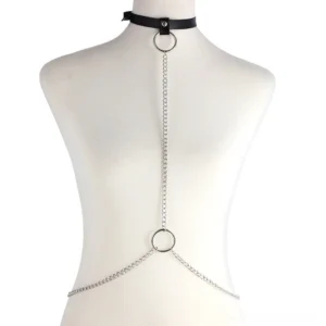 Full-body gothic chain harness displayed on mannequin torso, black leather collar with silver metal chains and dual O-rings, front full-length view