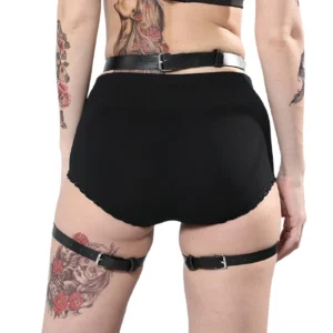 Black PU leather garter harness rear view with adjustable thigh straps and silver buckle hardware details
