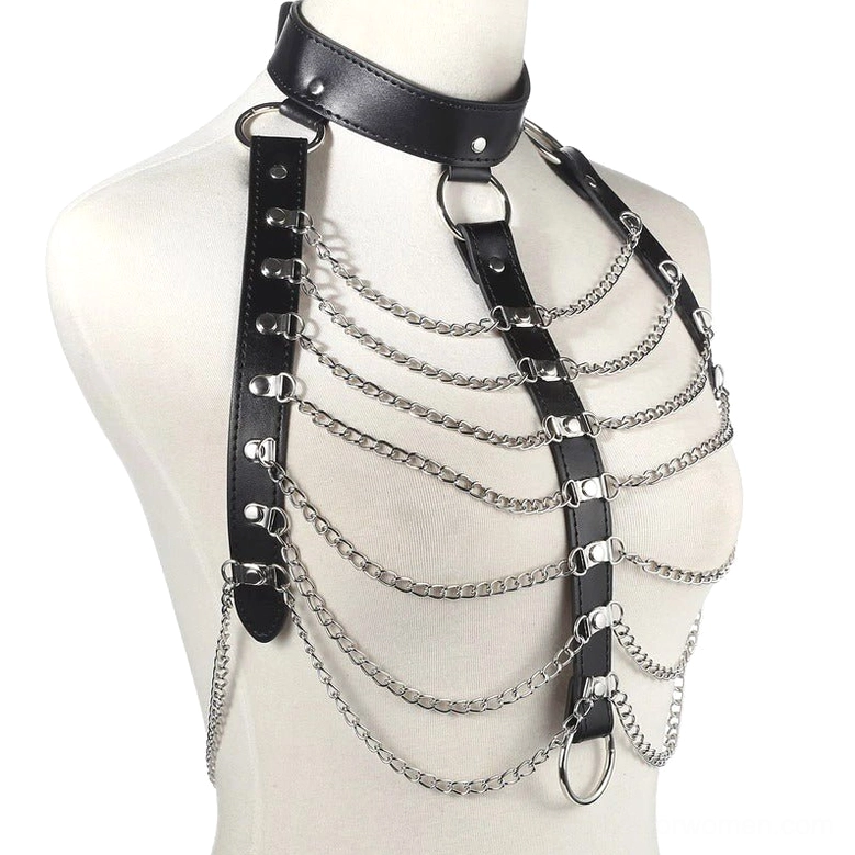 Left front angled view of gothic body harness with riveted leather shoulder straps and cascading chains