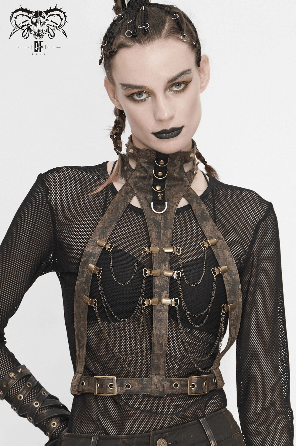 Vintage brown gothic body harness with layered metal chains and precise bronze stud placement
