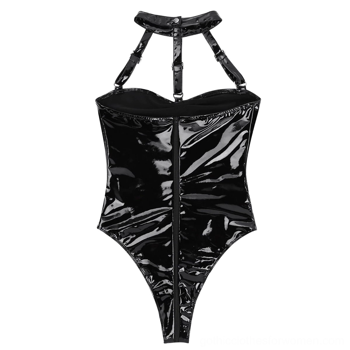 Black patent leather bodysuit flat lay back - center zipper halter strap setup gothic