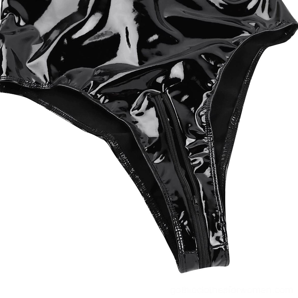 Black patent leather bodysuit crotch detail close-up - zipper closure thong cut