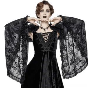 Black gothic lace bolero with dramatic flare sleeves and ruffled neckline, front facing model view with choker accent
