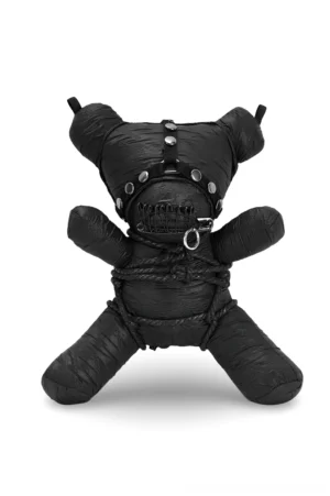 Gothic bondage teddy bear plush pendant with metal studs, safety pins, and rope bondage detailing - front flat view