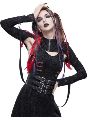 Gothic bone print cape with lace-up back worn by model - front half-body view showing off-shoulder design and skeletal motif