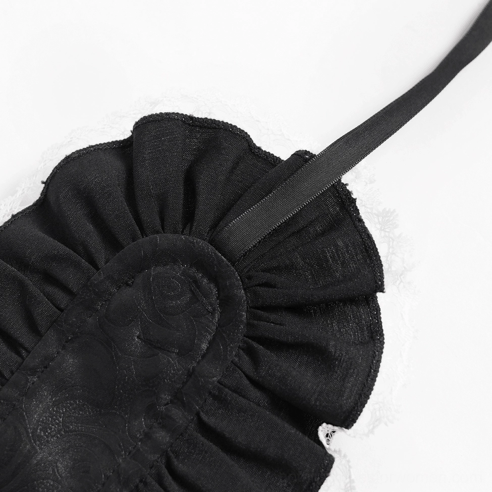 Gothic lolita bonnet side view highlighting structured cap design and ribbon chin tie fastening