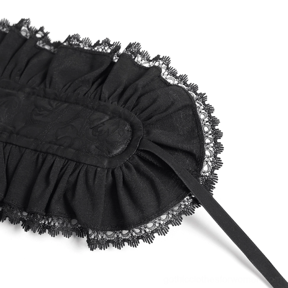 Gothic lace bonnet displayed on white background showing complete silhouette with ribbon ties, lace trim, and sculptured side panels