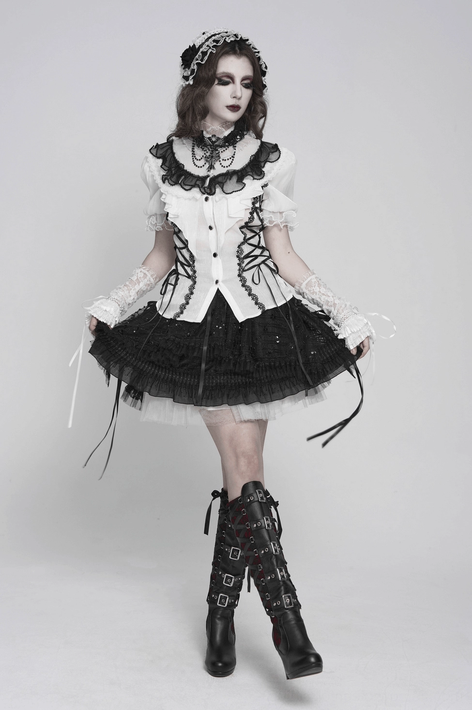 Front-facing model view of gothic lace bonnet with complete styling showing Victorian maid aesthetic
