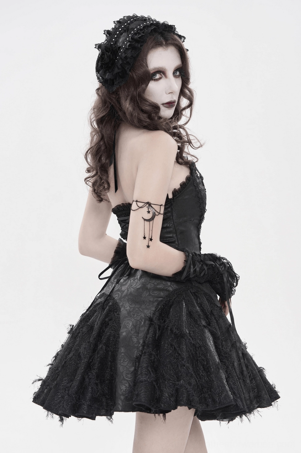 Gothic lace bonnet image showing front presentation with rose details, ribbon straps, and delicate lace structure