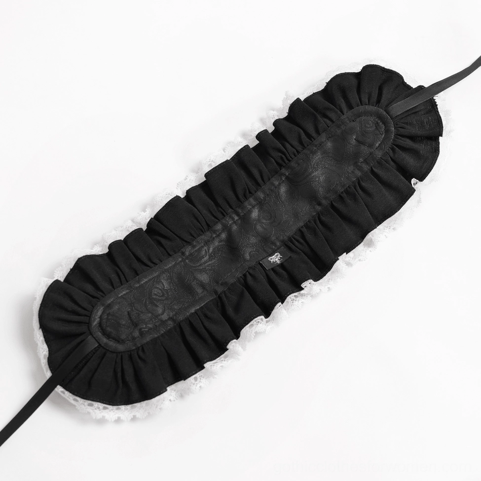 Interior detail shot of gothic bonnet showing ruffled black fabric lining and subtle pattern construction