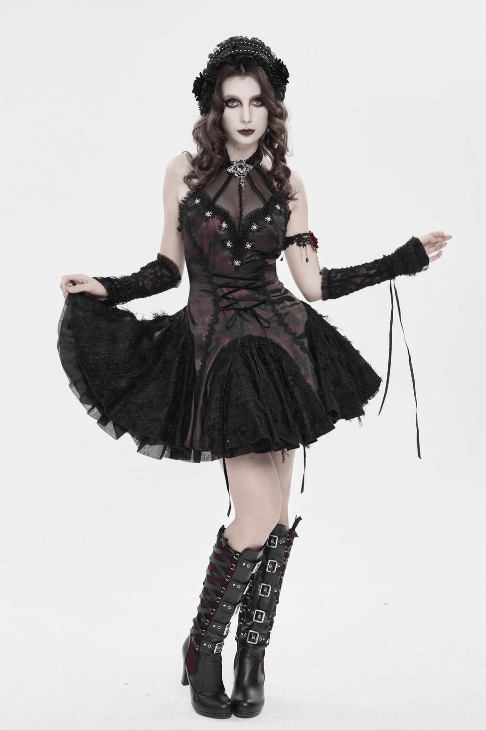 Black gothic lace bonnet main product view featuring complete aesthetic with ruffled layers, rose embellishments, and ribbon ties