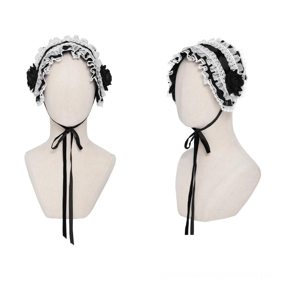 Dual matching display of black and white gothic lolita bonnets on mannequin heads showing front view