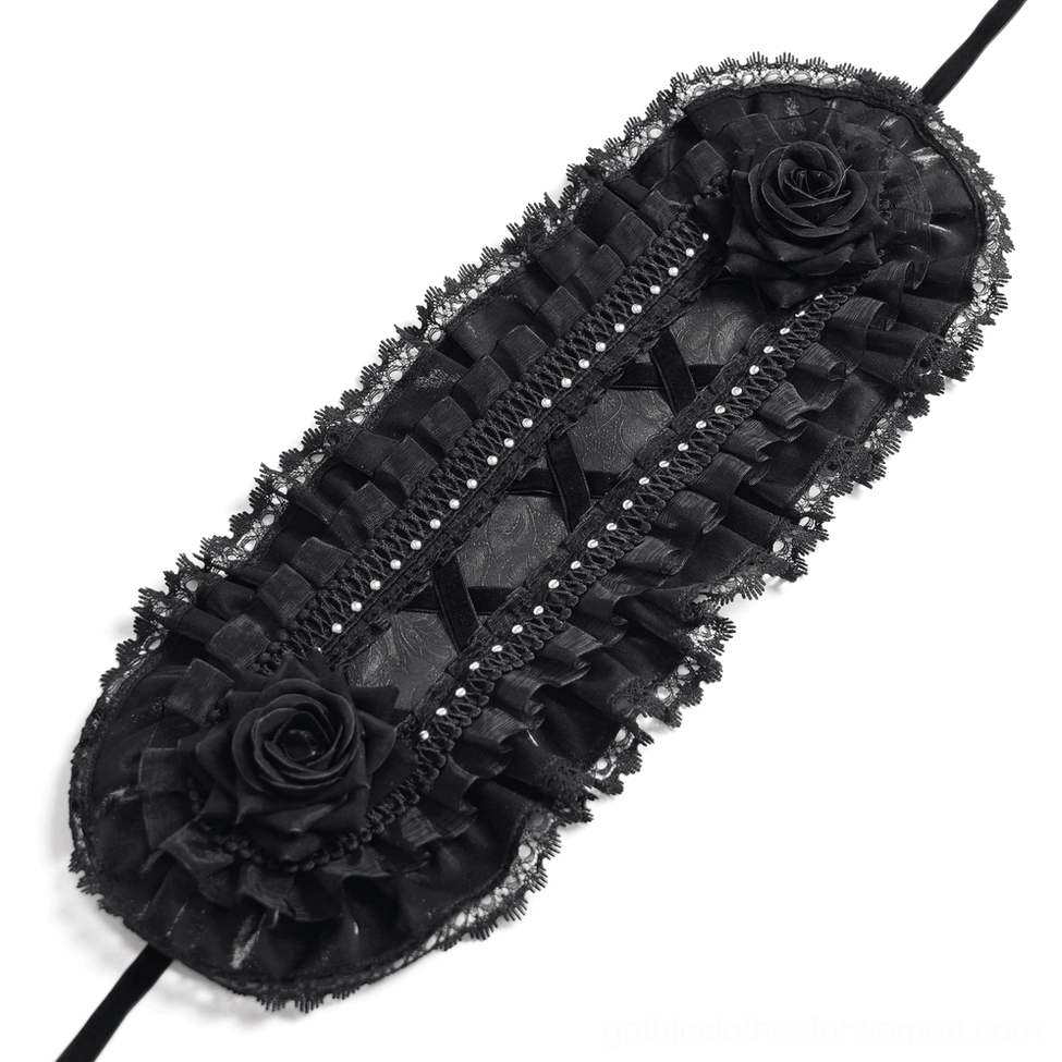 Right side profile of gothic lace bonnet on mannequin showing side rose embellishment and adjustable ribbon strap