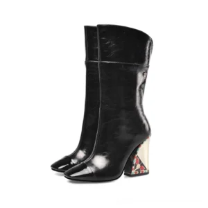 Black patent leather gothic square toe chunky heel mid-calf boots with geometric embroidered heel pattern - left side three-quarter view