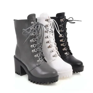 Three-color collection of gothic platform combat boots in black, grey, and white with chunky square heels displayed side by side