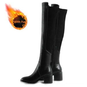 Black over-the-knee boots with warm plush shearling lining and square block heel, right front view showing quality cow leather