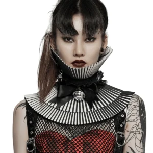 Black and white crimped gothic detachable bow choker with 3D skull accent, front view on tattooed model
