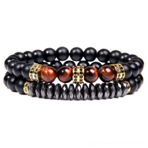 Dark gothic double-layer bracelet featuring black stone beads with red tiger eye gemstone and gold tone metal accents