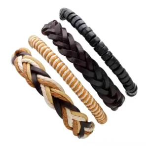 individual punk gothic bracelets with leather and woven rope designs in earth tone colors