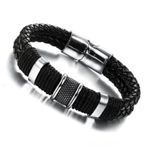 Polished stainless steel toggle clasp detail of gothic braided leather wrap bracelet