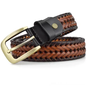 Hand-braided two-tone brown and black leather gothic belt with gold metal buckle, top-down view showing intricate woven pattern and geometric design