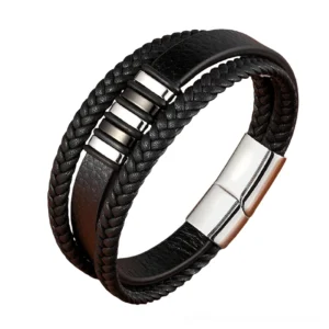 Dark gothic men's leather bracelet with matte silver-tone metal clasp and braided leather construction