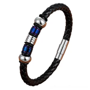 Blue-silver braided leather magnetic bracelet with stainless steel beads and magnetic clasp, gothic jewelry for alternative fashion