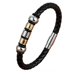 Gold braided leather magnetic bracelet with metallic accents and stainless steel magnetic clasp, versatile gothic accessory