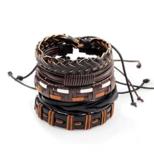 Gothic braided leather bracelet set 5 pieces brown and black flat lay on white background