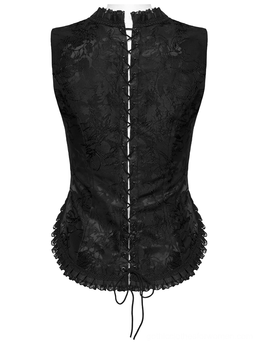 Gothic Brocade Corset Vest - Rear Mannequin View with Central Lace-Up Closure and Floral Jacquard